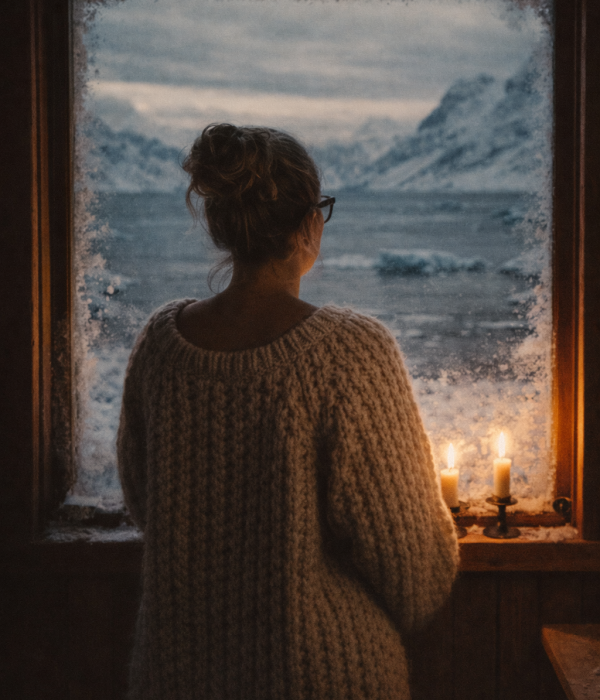 Woman seen from behind in a chunky knit sweater standing at a frost-covered window in a cozy Norwegian cabin, looking out over a snowy Arctic landscape with warm candlelight inside and cold blue tones outside.